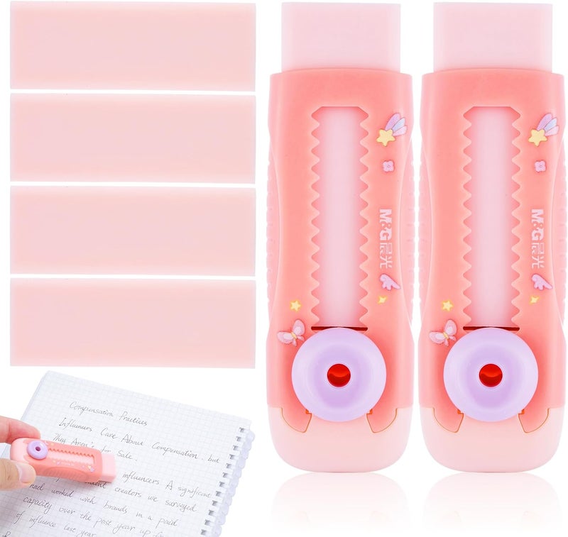 MG 2+4 Pack Rubber Erasers Sliding Retractable Eraser, 2 Pack Cute Erasers Push Pull Large Pencil Eraser with Plastic Sleeve and 4 Refill Erasers for Students, School Office Supplies (Pink Unicorn) - Image 2